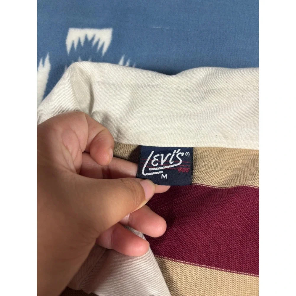 vintage 70s 80s Levis Mens Striped Rugby Shirt Long Sleeve Burgundy Tan M